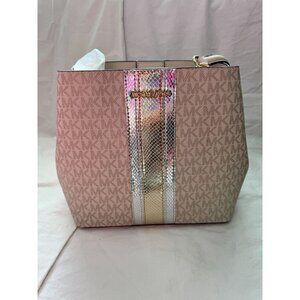 Michael‎ Kors Pratt Medium Bucket Shoulder Bag Pale Gold Leather Logo Stripe